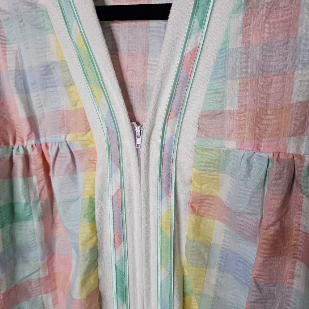 Leisure Life Vermont Country Store Pastel Plaid Seersucker Zip Front Robe L NEW - Picture 5 of 5